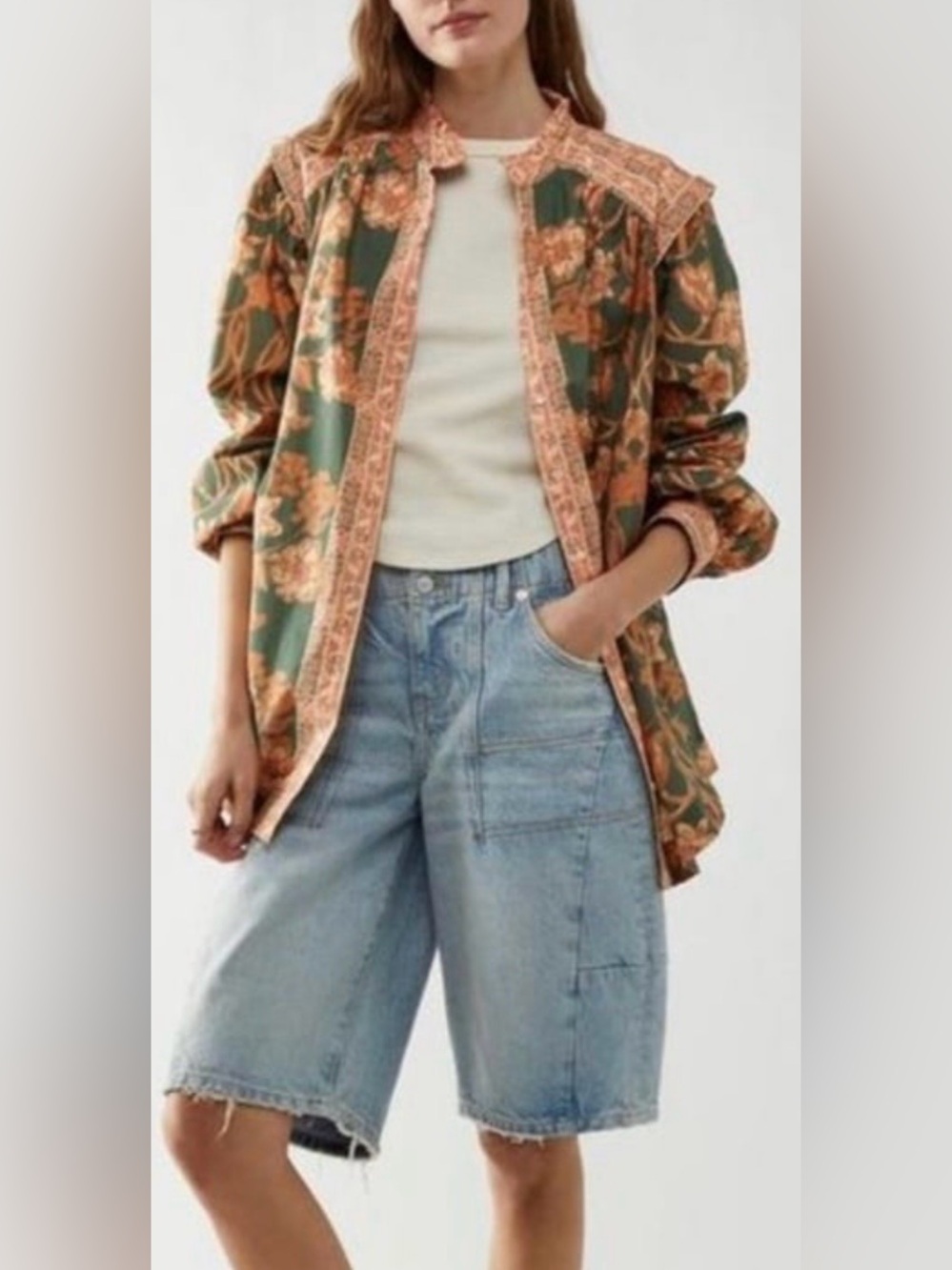 🧡Free People Green Floral Gardens Button-Down Tunic Shirt